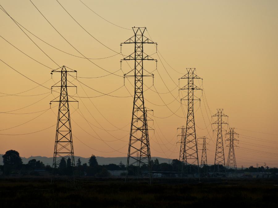 Electricity pylons at dusk